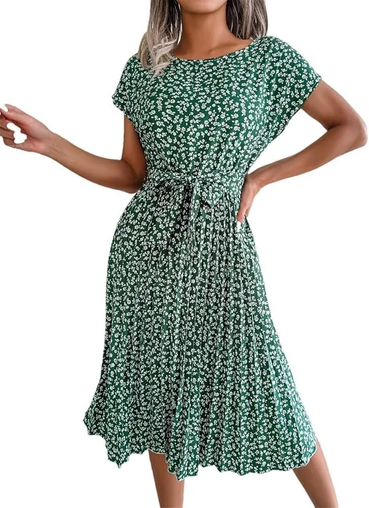 High Waist A Line Summer Dress for Women Short Sleeve Chic Long Dresses with Belt