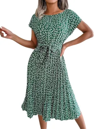 High Waist A Line Summer Dress for Women Short Sleeve Chic Long Dresses with Belt