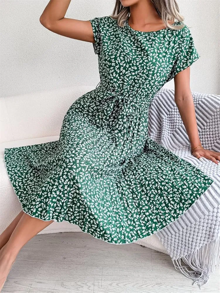 High Waist A Line Summer Dress for Women Short Sleeve Chic Long Dresses with Belt