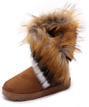 HINDOLA Warm Fur Boots for Women Winter Faux Fur Tassel Shoes Plush Snow Boots Ankle Booties Faux Suede Boots Anti Slip Outdoor Indoor Flat Shoes