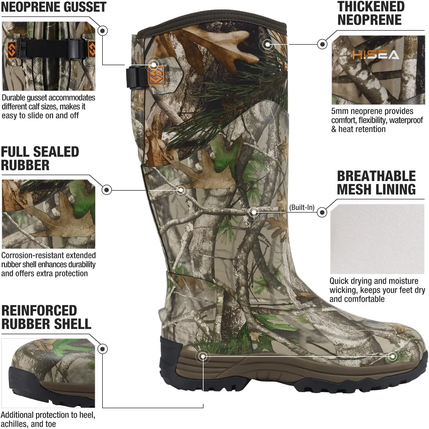 HISEA Rubber Rain Boots for Men, Waterproof Insulated Neoprene Hunting Boots, Durable Anti-Slip Outdoor Mud Boots for Hunting Gardening Farming Fishing Yard Working, Adjustable Calf