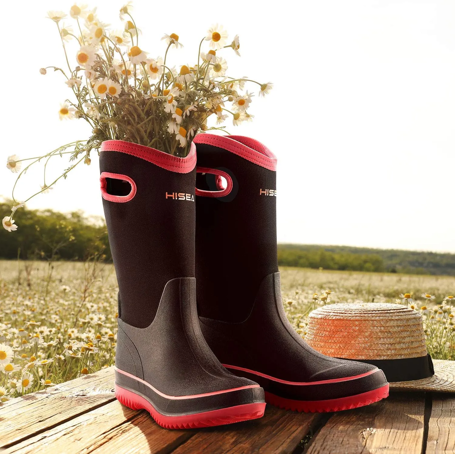HISEA Women Mud Boots, Neoprene Rubber Garden Shoes Waterproof Mid Calf Rain Boots for Outdoor