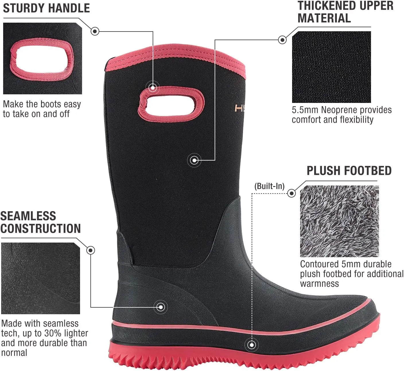 HISEA Women Mud Boots, Neoprene Rubber Garden Shoes Waterproof Mid Calf Rain Boots for Outdoor
