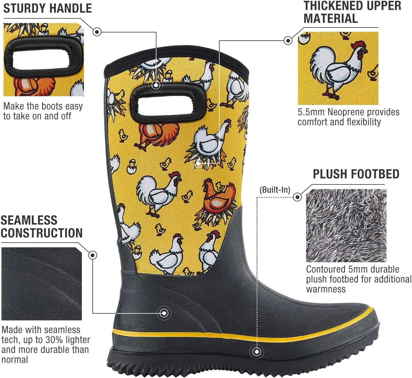 HISEA Women Mud Boots, Neoprene Rubber Garden Shoes Waterproof Mid Calf Rain Boots for Outdoor
