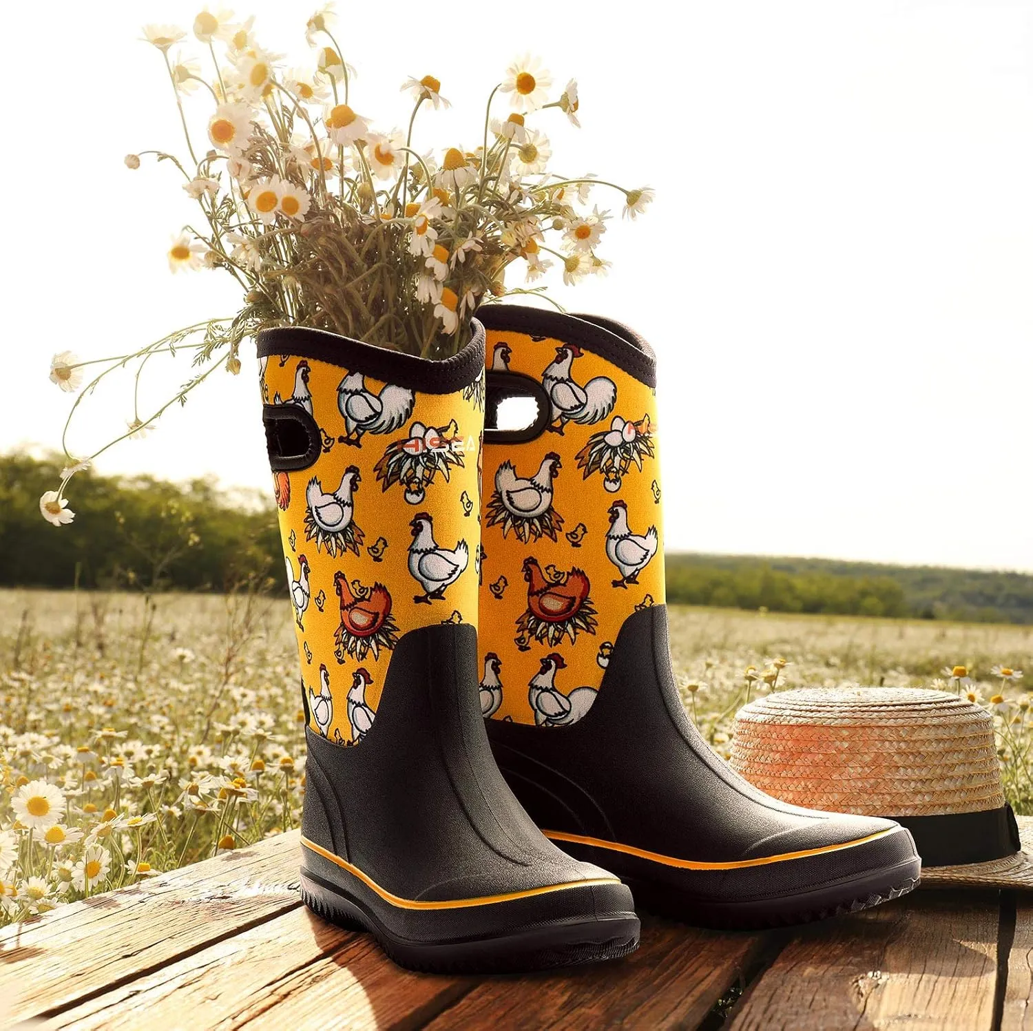 HISEA Women Mud Boots, Neoprene Rubber Garden Shoes Waterproof Mid Calf Rain Boots for Outdoor
