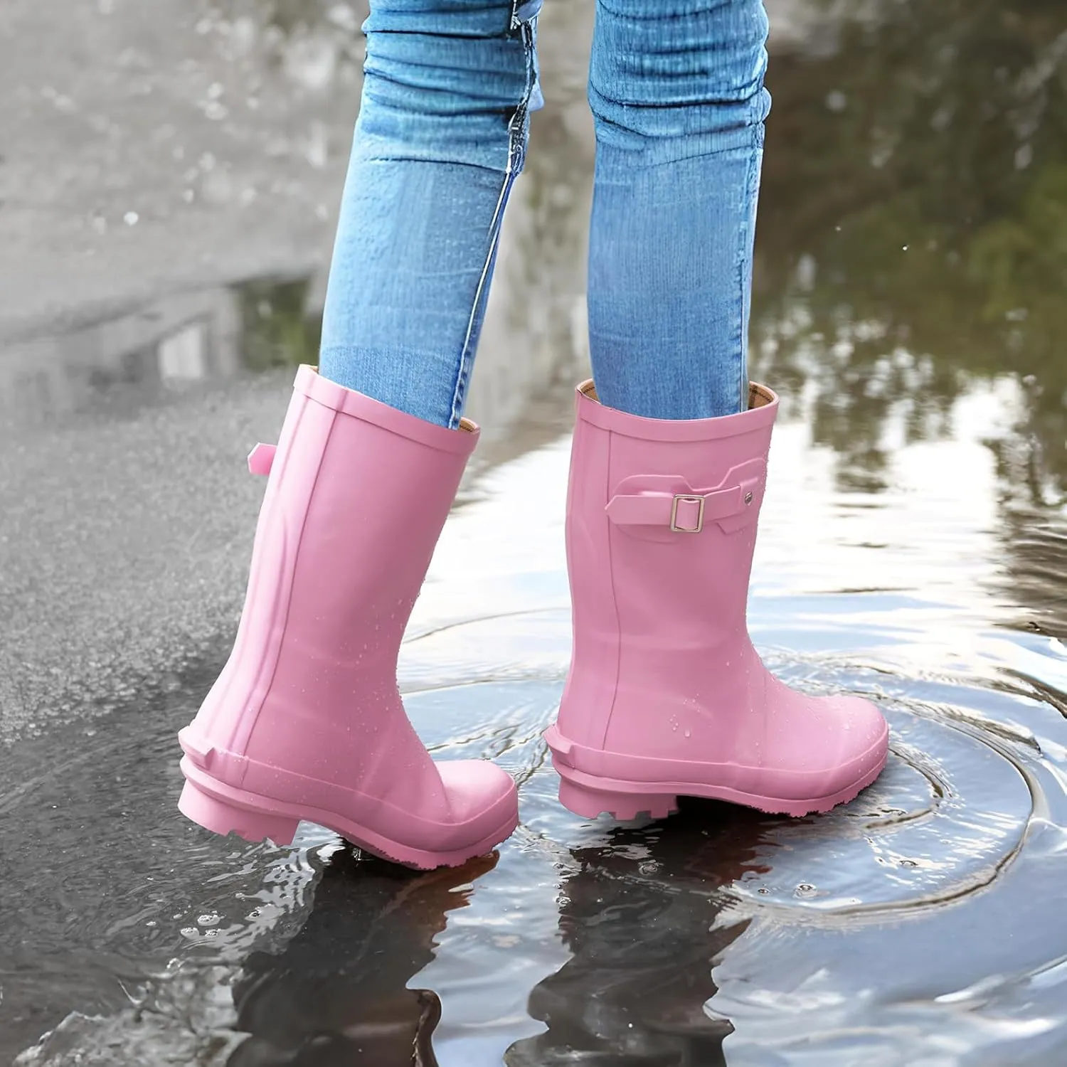 HISEA Women's Mid Calf Rubber Rain Boots Waterproof Wellington Garden Boots