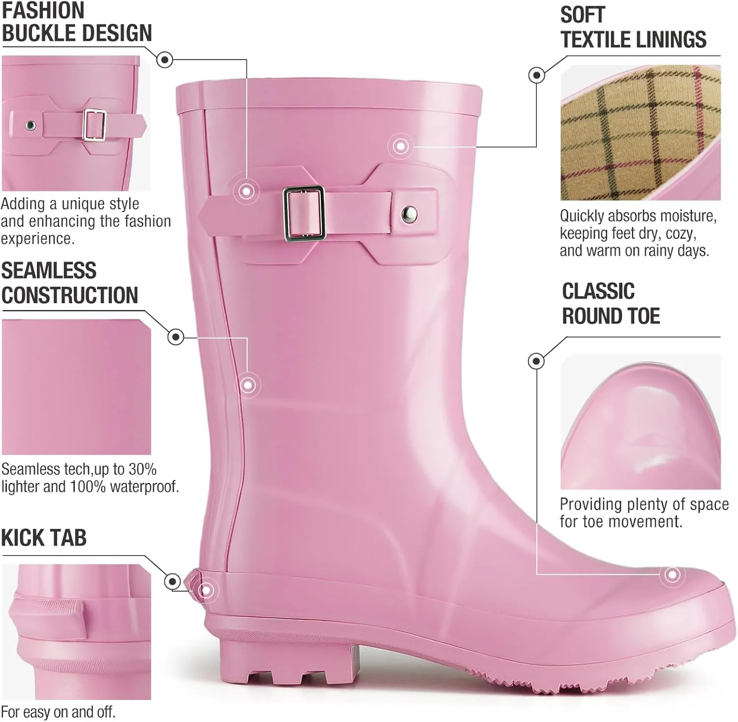 HISEA Women's Mid Calf Rubber Rain Boots Waterproof Wellington Garden Boots