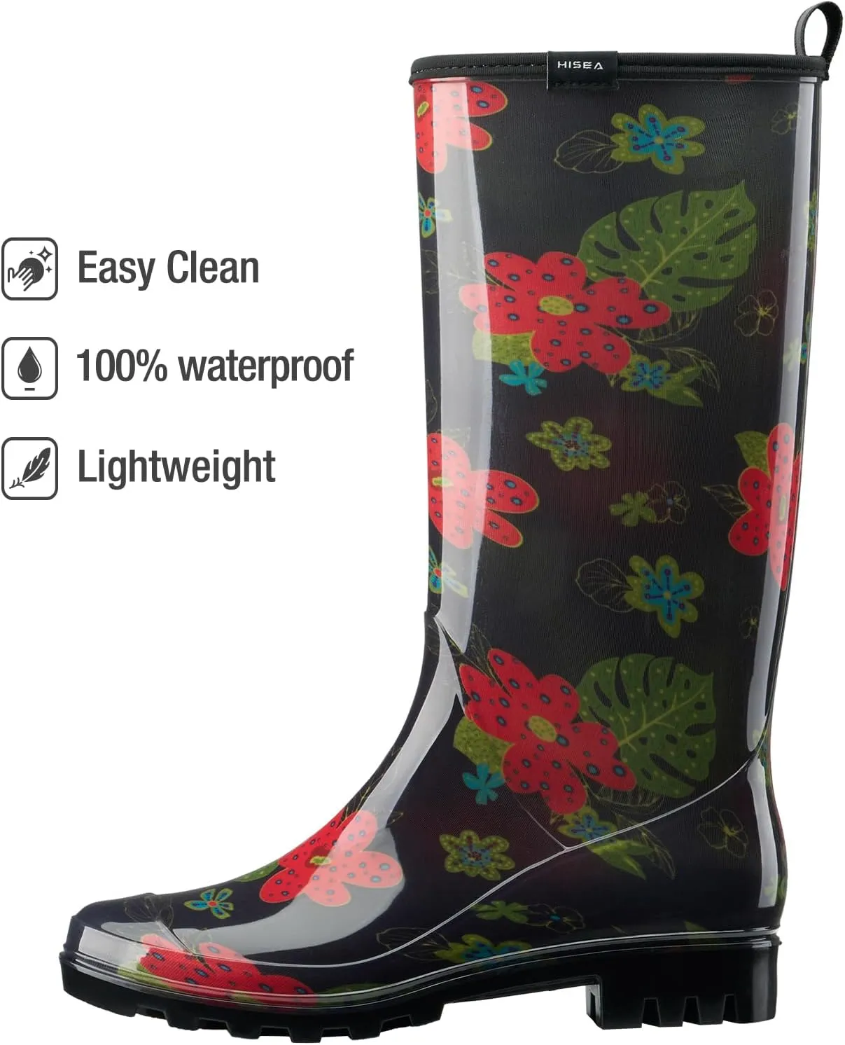 HISEA Women's Rain Boots Fashion Waterproof Garden Shoes Colorful Printed Rubber Boots Anti-Slipping Rainboots for Ladies with Comfort Insole Tall Knee High Outdoor Rain Shoes