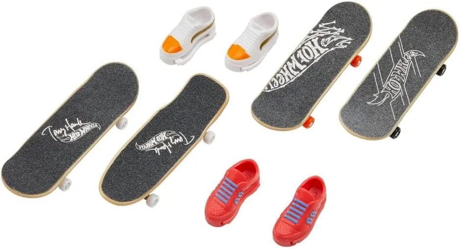 Hot Wheels Skate Tony Hawk Set of 4 Fingerboards & 2 Pairs of Removable Skate Shoes, Tricked Out Pack of Fully Assembled Boards, 1 Exclusive Set