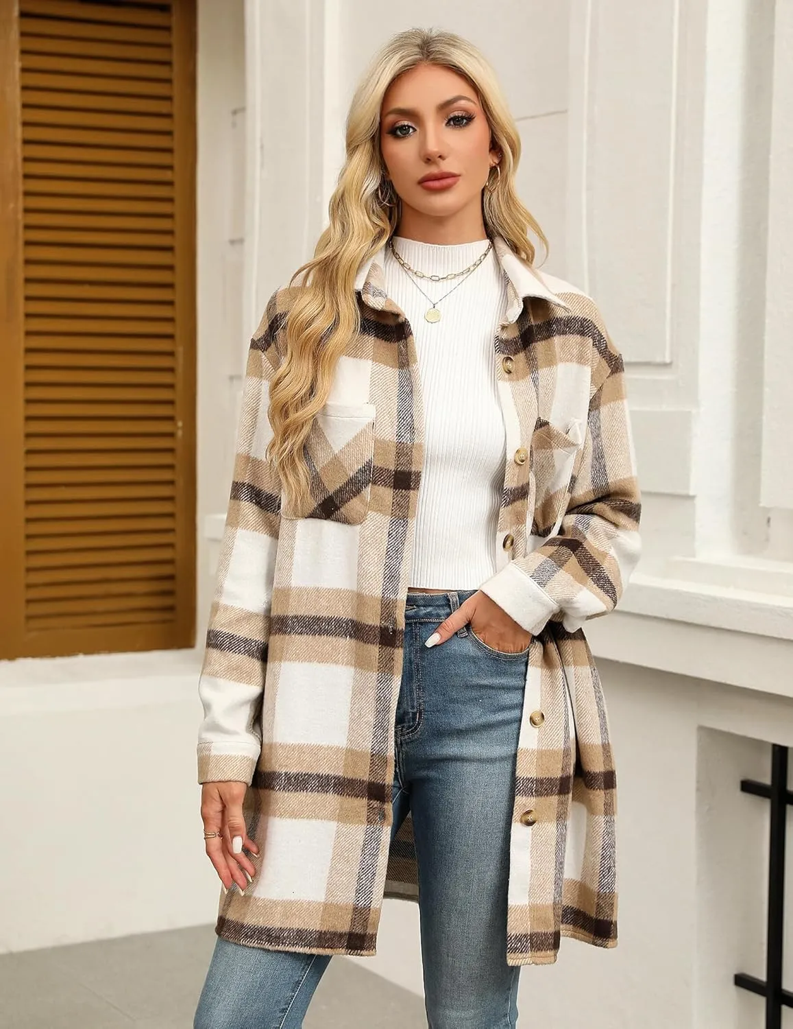 HOTOUCH Womens Flannel Plaid Shacket Jacket Casual Lapel Button Down Tartan Trench Coat Long Sleeve Shirts with Pockets