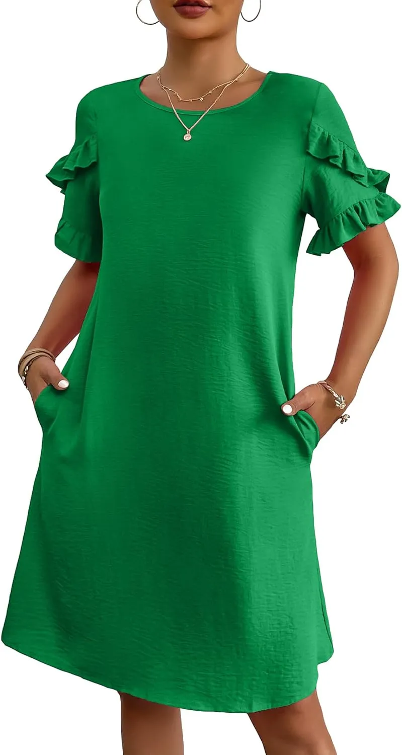 HOTOUCH Womens Summer Dress 2025 Short Sleeve A-Line Mini Dress Casual Crew Neck Shift Dress Beach Sundress with Pockets