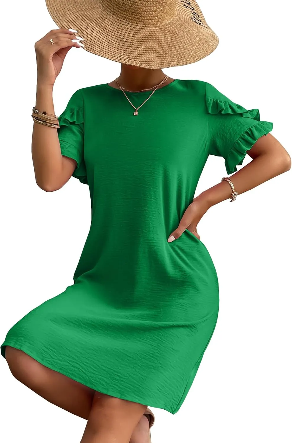 HOTOUCH Womens Summer Dress 2025 Short Sleeve A-Line Mini Dress Casual Crew Neck Shift Dress Beach Sundress with Pockets