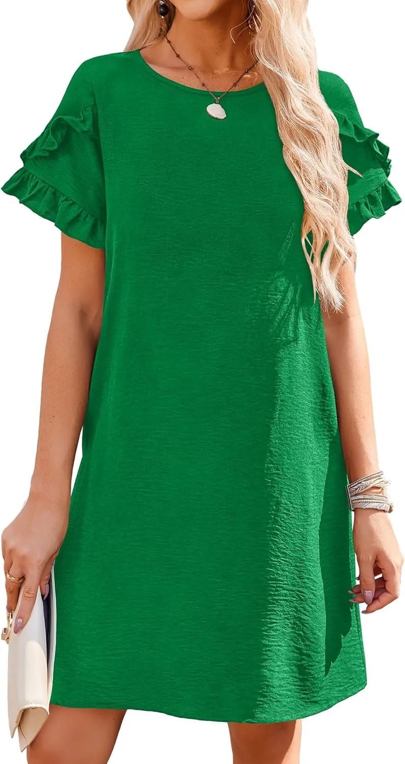 HOTOUCH Womens Summer Dress 2025 Short Sleeve A-Line Mini Dress Casual Crew Neck Shift Dress Beach Sundress with Pockets
