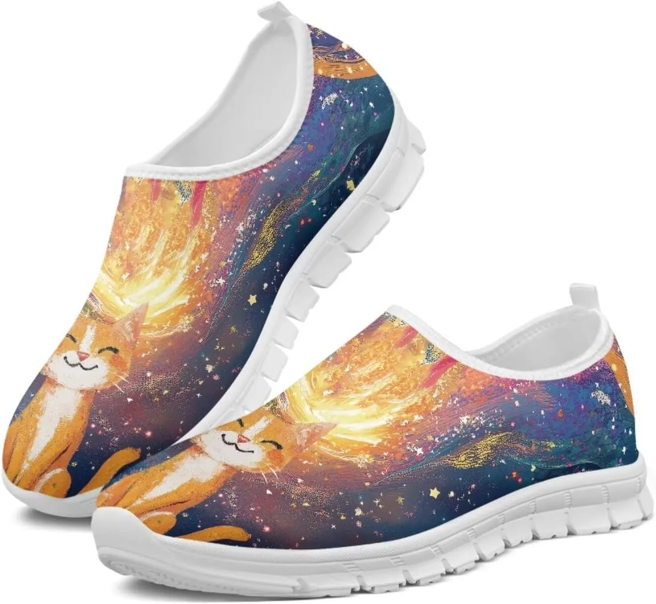 Howilath Cat Print Women's Loafers & Slip-on Running Sneakers Breathable Anti-Skid Hands Free Shoes