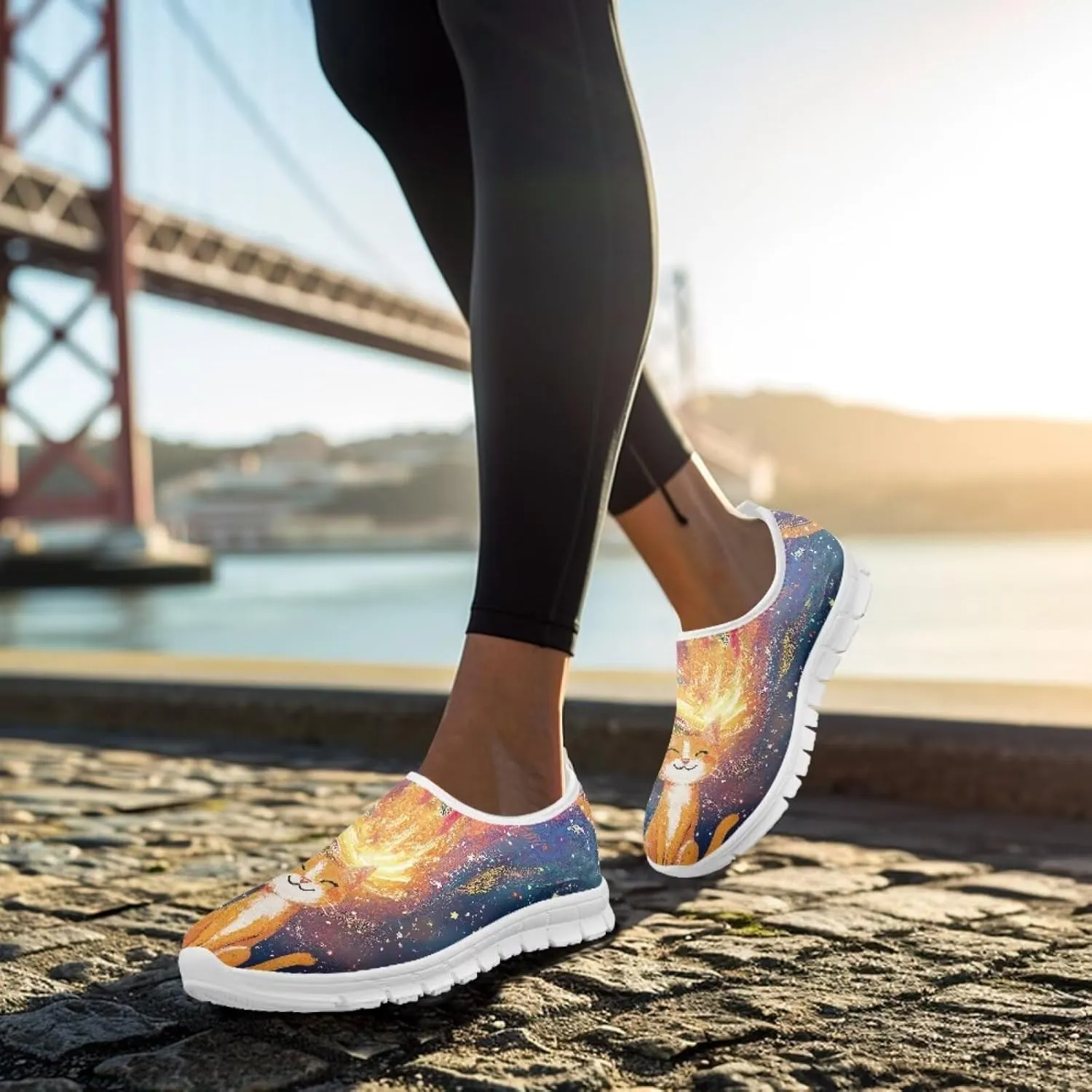 Howilath Cat Print Women's Loafers & Slip-on Running Sneakers Breathable Anti-Skid Hands Free Shoes