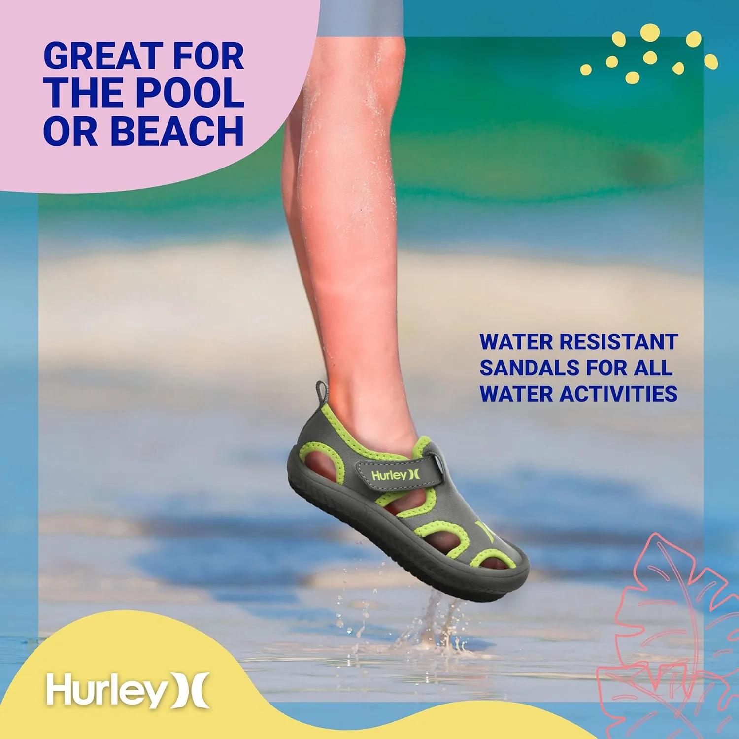 Hurley Kona Toddler Water Shoes - Beach Essentials, Girls and Boys Closed Toe Sandals, Lightweight, Breathable, Kids Water Shoes with Non-Slip Sole and Adjustable Straps, Outdoor Toddler Swim Shoes