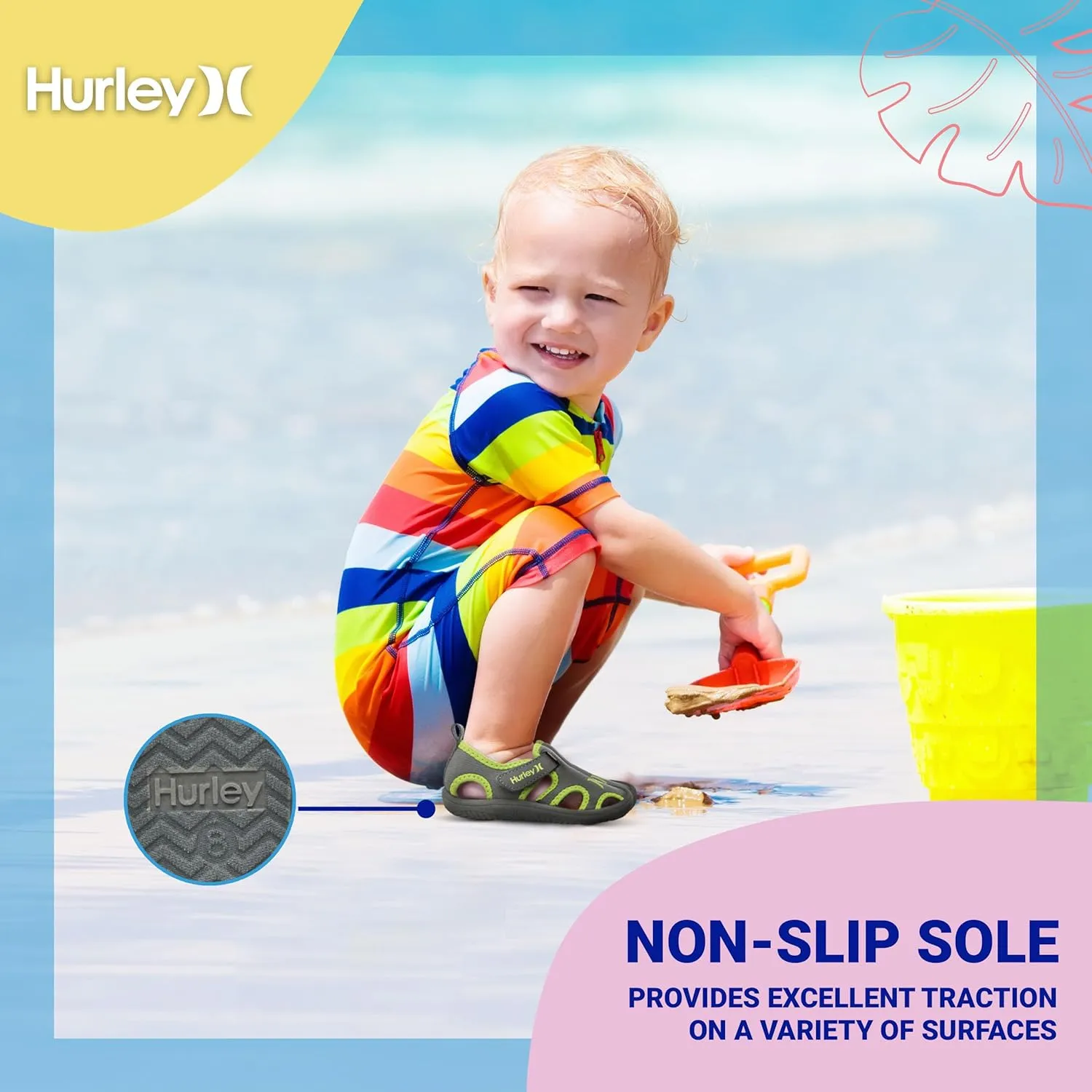 Hurley Kona Toddler Water Shoes - Beach Essentials, Girls and Boys Closed Toe Sandals, Lightweight, Breathable, Kids Water Shoes with Non-Slip Sole and Adjustable Straps, Outdoor Toddler Swim Shoes