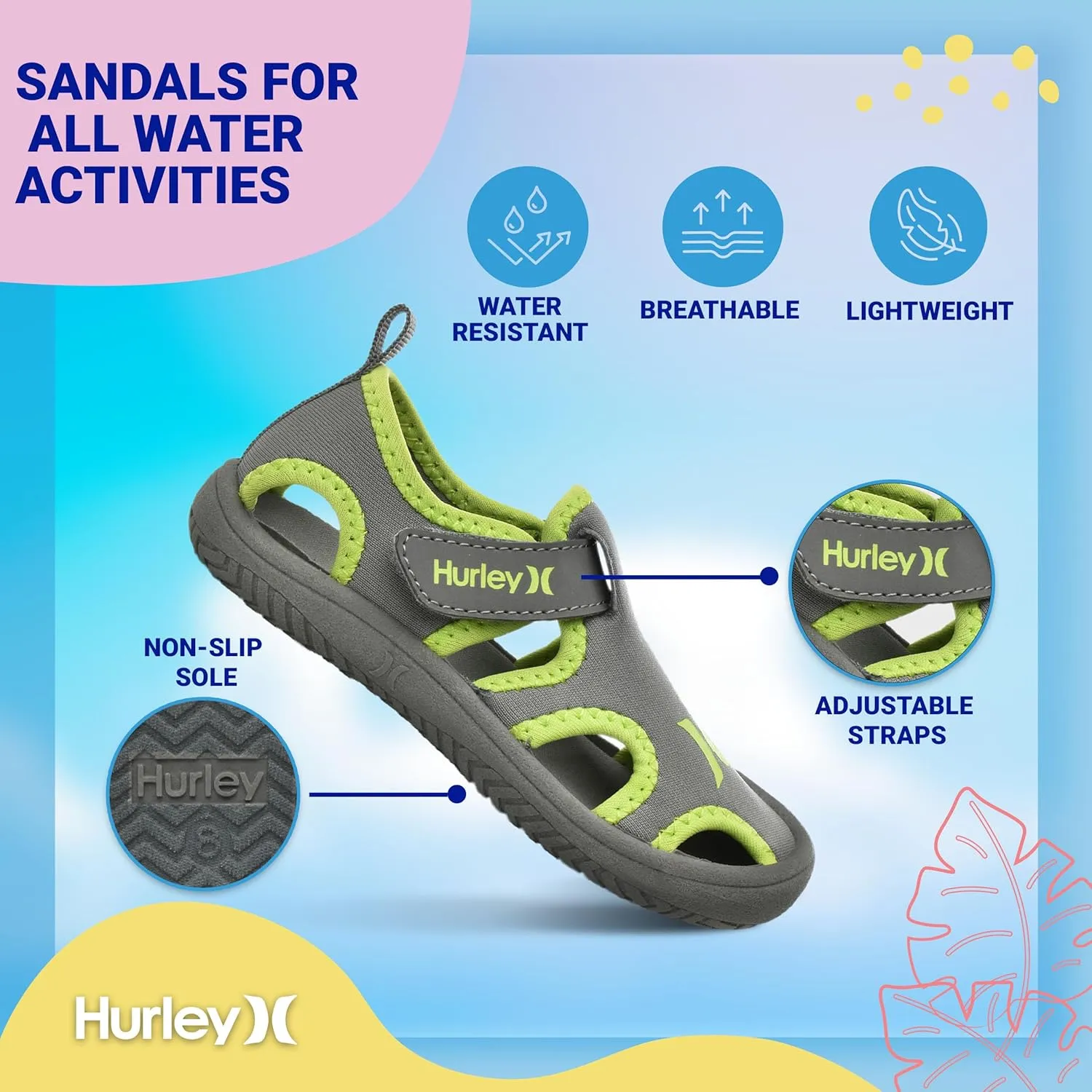 Hurley Kona Toddler Water Shoes - Beach Essentials, Girls and Boys Closed Toe Sandals, Lightweight, Breathable, Kids Water Shoes with Non-Slip Sole and Adjustable Straps, Outdoor Toddler Swim Shoes