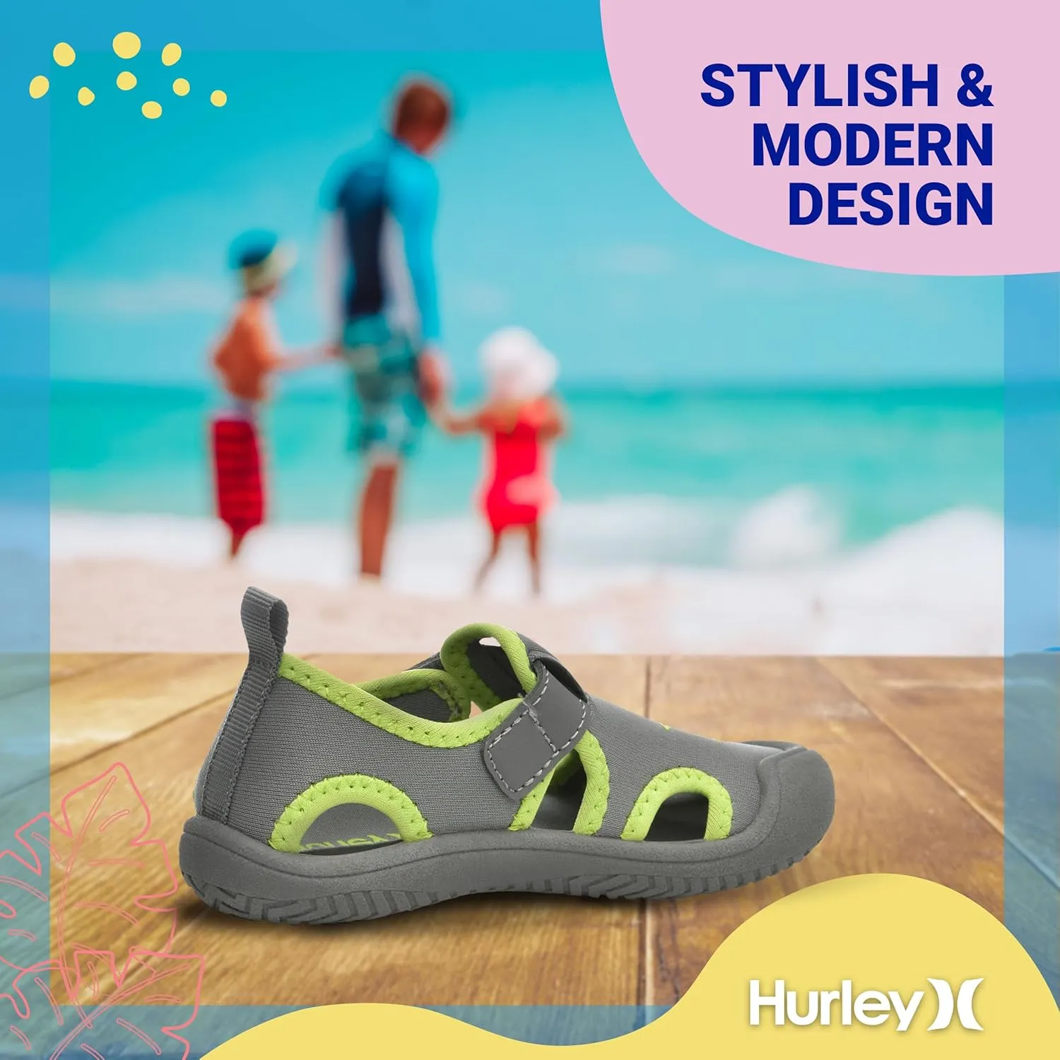 Hurley Kona Toddler Water Shoes - Beach Essentials, Girls and Boys Closed Toe Sandals, Lightweight, Breathable, Kids Water Shoes with Non-Slip Sole and Adjustable Straps, Outdoor Toddler Swim Shoes