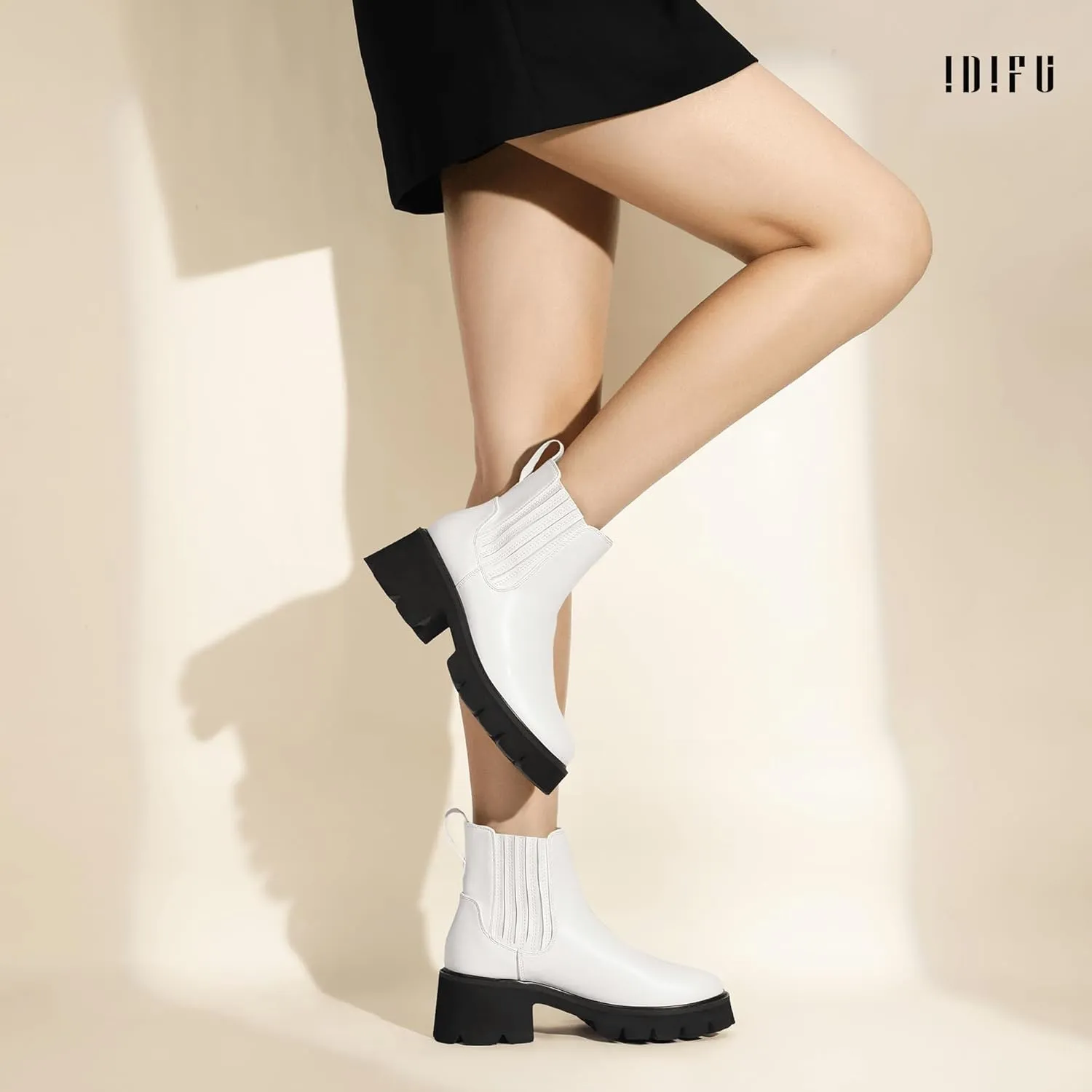 IDIFU IN2 Women's Chelsea Boots Platform Low Block Chunky Heeled Ankle Boots Round Toe Lug Sole Slip On Dress Boots Fall Work Dressy Comfortable Fashion Casual Short Booties Shoes