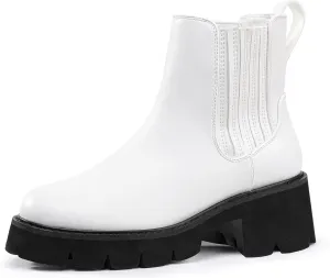 IDIFU IN2 Women's Chelsea Boots Platform Low Block Chunky Heeled Ankle Boots Round Toe Lug Sole Slip On Dress Boots Fall Work Dressy Comfortable Fashion Casual Short Booties Shoes