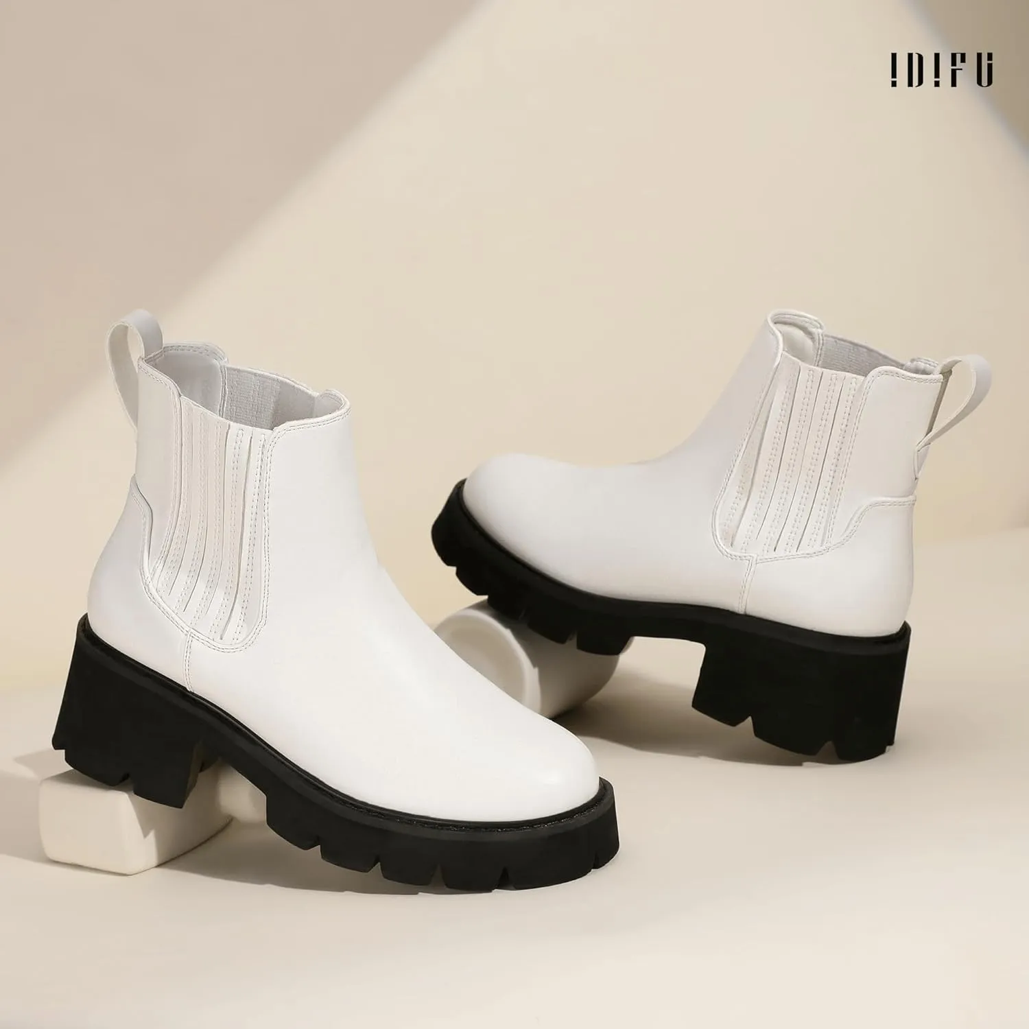 IDIFU IN2 Women's Chelsea Boots Platform Low Block Chunky Heeled Ankle Boots Round Toe Lug Sole Slip On Dress Boots Fall Work Dressy Comfortable Fashion Casual Short Booties Shoes