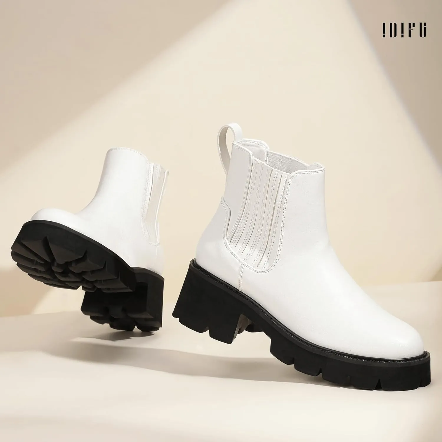 IDIFU IN2 Women's Chelsea Boots Platform Low Block Chunky Heeled Ankle Boots Round Toe Lug Sole Slip On Dress Boots Fall Work Dressy Comfortable Fashion Casual Short Booties Shoes