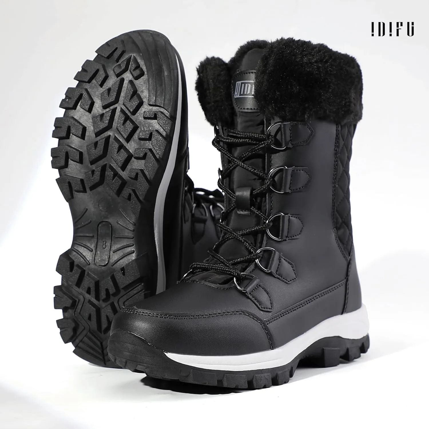 IDIFU IN2 Womens Snow Boots Winter Boots for Women Waterproof Comfortable Warm Insulated Non-Slip Outdoor Boots Fashion Casual Hiking Walking Lightweight Lace Up Faux Fur Lined Mid-Calf Booties