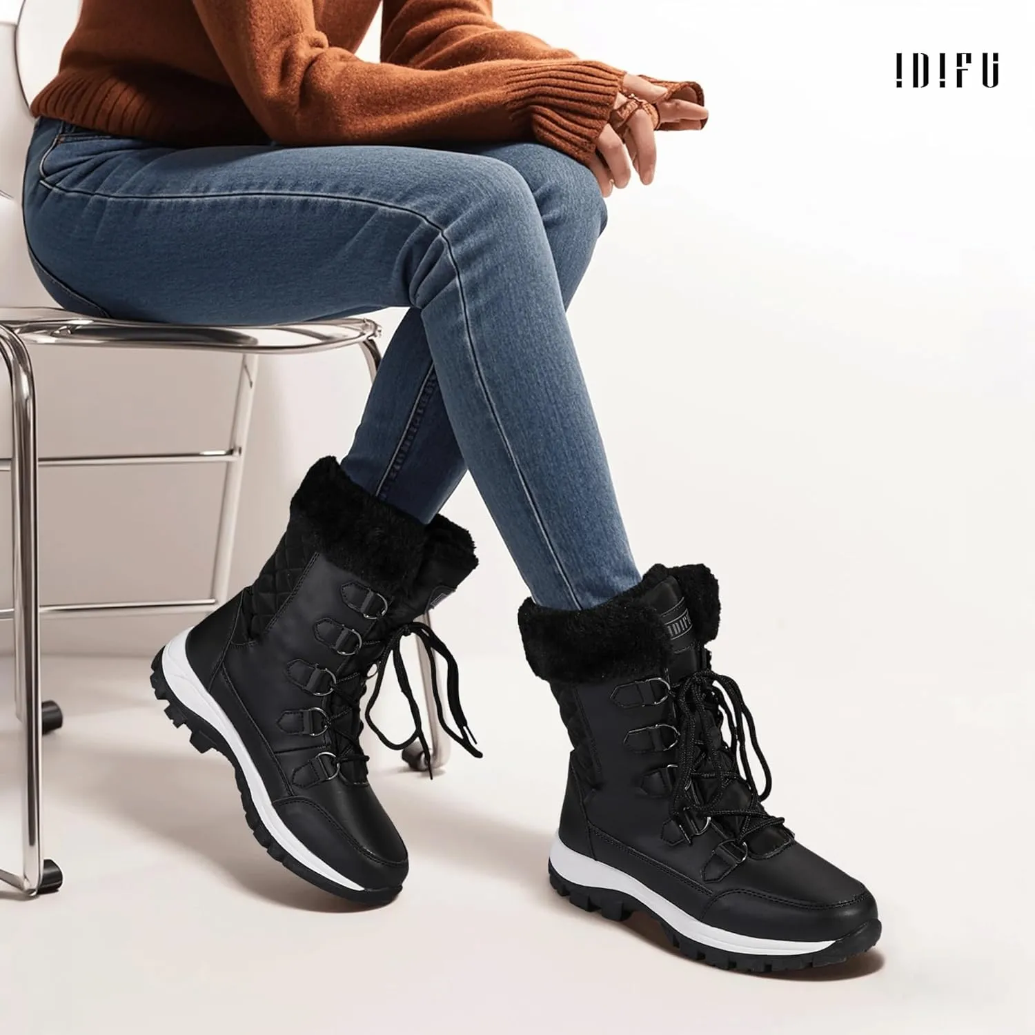 IDIFU IN2 Womens Snow Boots Winter Boots for Women Waterproof Comfortable Warm Insulated Non-Slip Outdoor Boots Fashion Casual Hiking Walking Lightweight Lace Up Faux Fur Lined Mid-Calf Booties