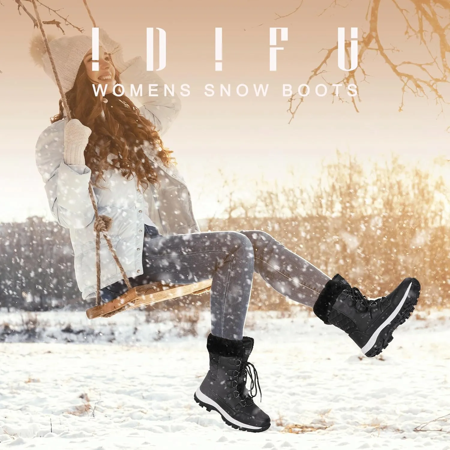IDIFU IN2 Womens Snow Boots Winter Boots for Women Waterproof Comfortable Warm Insulated Non-Slip Outdoor Boots Fashion Casual Hiking Walking Lightweight Lace Up Faux Fur Lined Mid-Calf Booties