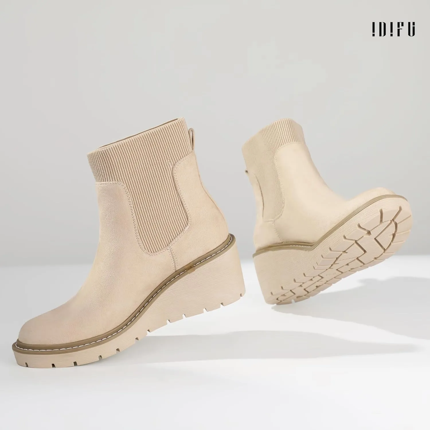 IDIFU IN3 Platform Chelsea Boots for Women Low Short Wedges Ankle Boots Lug Sole Trendy Fashion Comfortable Fall Dress Booties Slip On Elastic Casual Work Daily Round Toe Ladies Boots