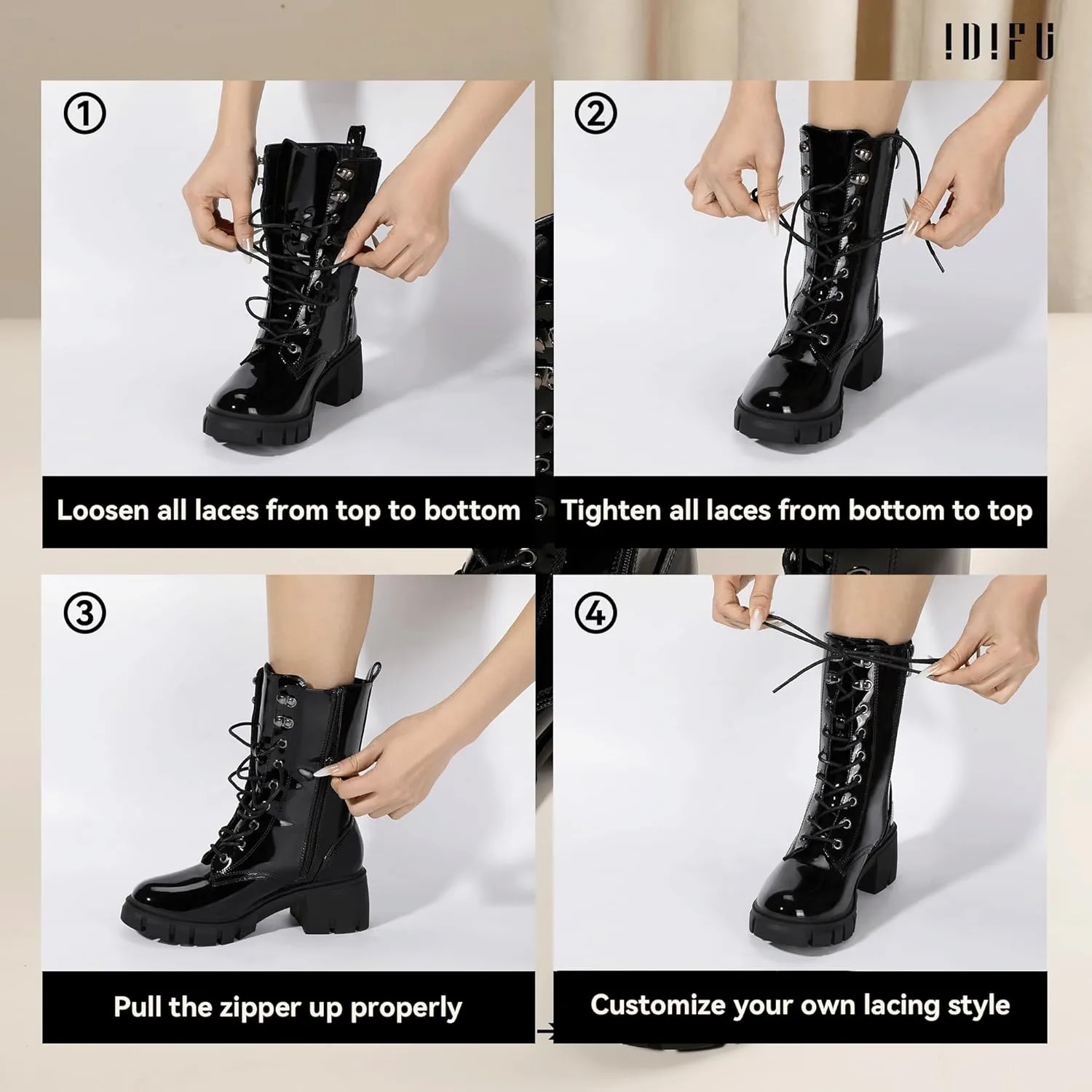 IDIFU IN3 Platform Combat Boots for Women Mid Calf Lace Up Boots Lug Sole Low Chunky Block Heel Boots Closed Round Toe Side Zipper Booties Fashion Thick Fall Heeled Boots-LOOSEN ALL LACES FIRSTLY