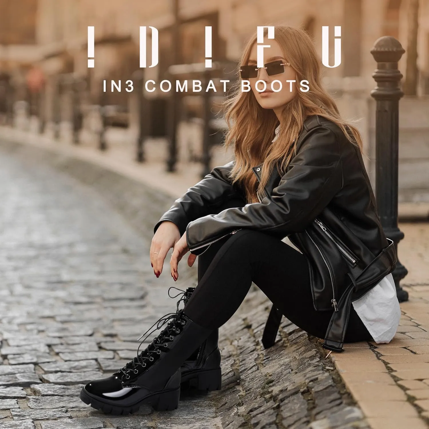 IDIFU IN3 Platform Combat Boots for Women Mid Calf Lace Up Boots Lug Sole Low Chunky Block Heel Boots Closed Round Toe Side Zipper Booties Fashion Thick Fall Heeled Boots-LOOSEN ALL LACES FIRSTLY