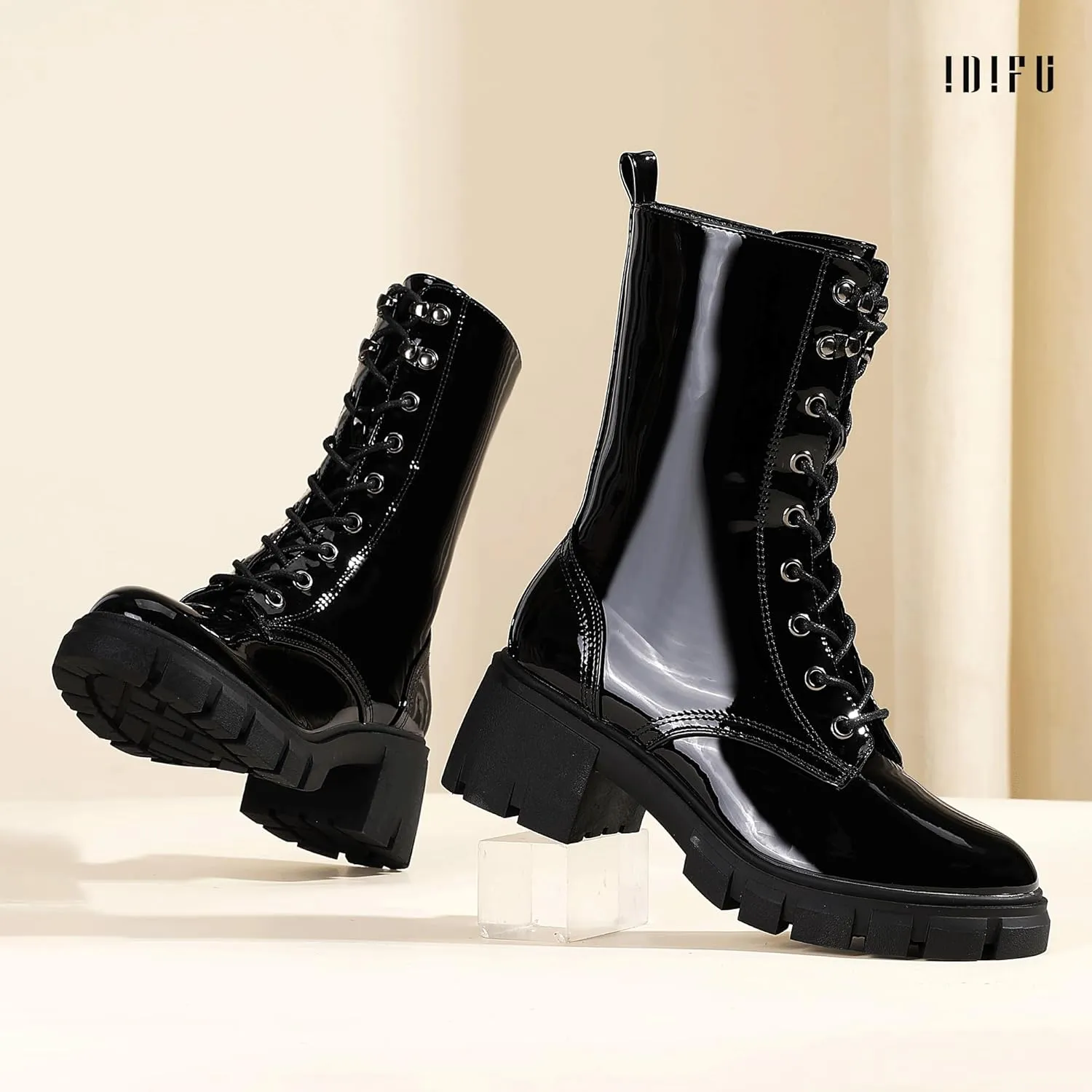 IDIFU IN3 Platform Combat Boots for Women Mid Calf Lace Up Boots Lug Sole Low Chunky Block Heel Boots Closed Round Toe Side Zipper Booties Fashion Thick Fall Heeled Boots-LOOSEN ALL LACES FIRSTLY