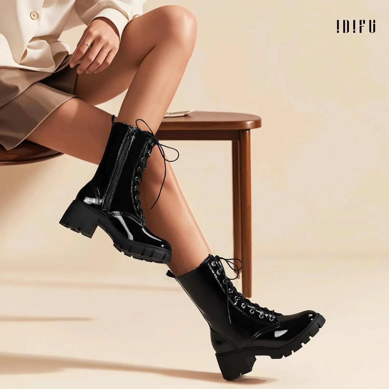 IDIFU IN3 Platform Combat Boots for Women Mid Calf Lace Up Boots Lug Sole Low Chunky Block Heel Boots Closed Round Toe Side Zipper Booties Fashion Thick Fall Heeled Boots-LOOSEN ALL LACES FIRSTLY