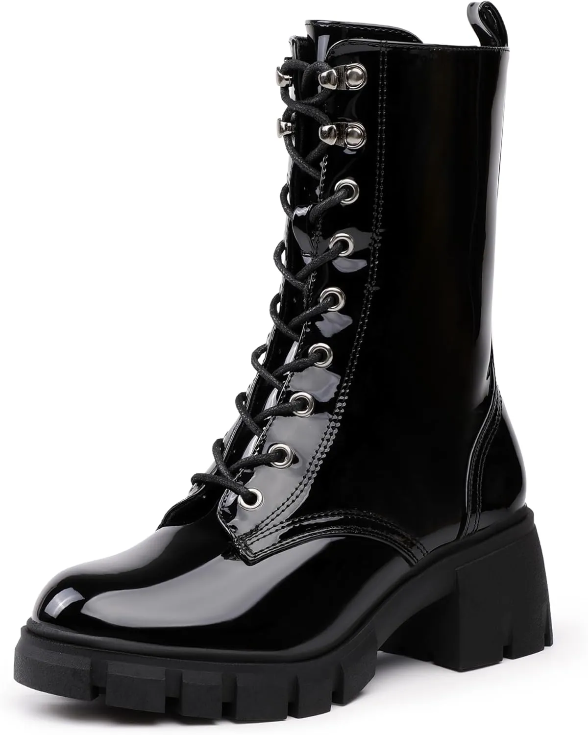 IDIFU IN3 Platform Combat Boots for Women Mid Calf Lace Up Boots Lug Sole Low Chunky Block Heel Boots Closed Round Toe Side Zipper Booties Fashion Thick Fall Heeled Boots-LOOSEN ALL LACES FIRSTLY