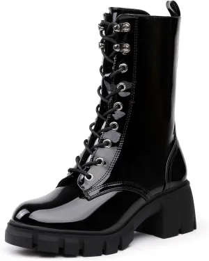 IDIFU IN3 Platform Combat Boots for Women Mid Calf Lace Up Boots Lug Sole Low Chunky Block Heel Boots Closed Round Toe Side Zipper Booties Fashion Thick Fall Heeled Boots-LOOSEN ALL LACES FIRSTLY