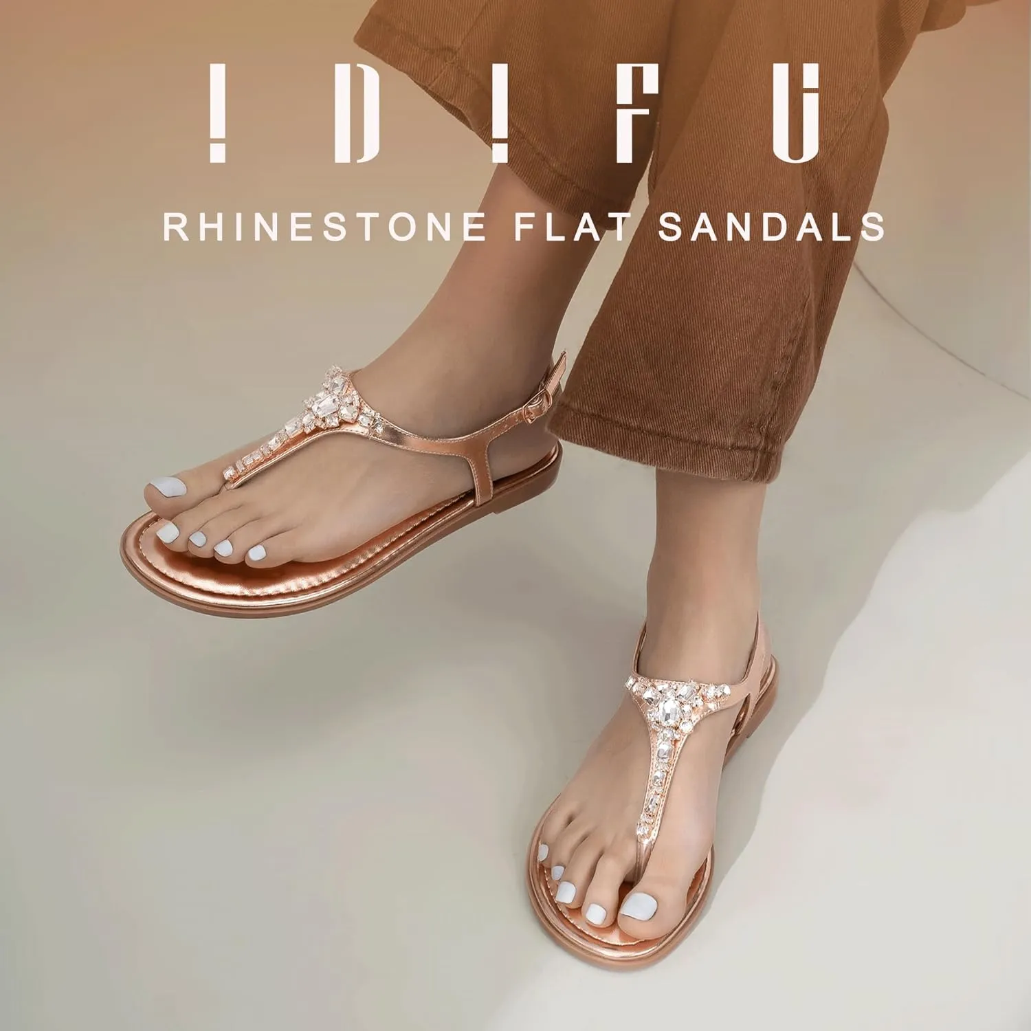 IDIFU Rhinestone Flat Sandals for Women Dressy Sparkly Thong Sandals Bling Summer Cute T Strap Dress Sandals for Wedding Bridal Bride Beach Trendy Comfortable Ladies Women's Sandals