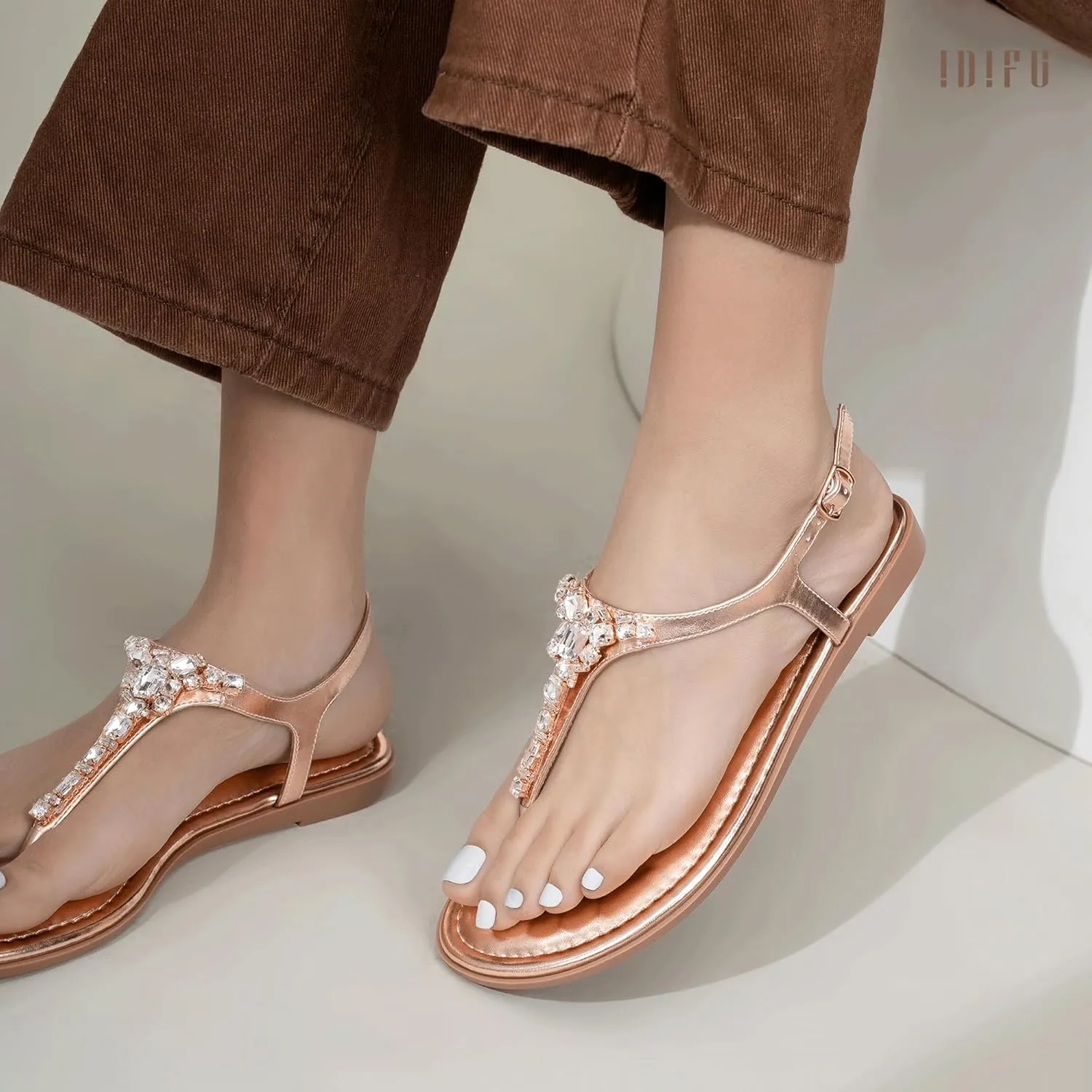 IDIFU Rhinestone Flat Sandals for Women Dressy Sparkly Thong Sandals Bling Summer Cute T Strap Dress Sandals for Wedding Bridal Bride Beach Trendy Comfortable Ladies Women's Sandals