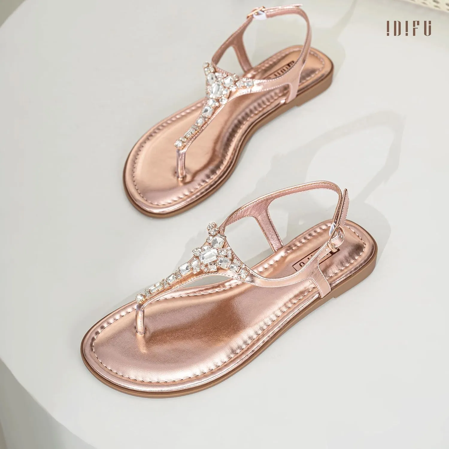 IDIFU Rhinestone Flat Sandals for Women Dressy Sparkly Thong Sandals Bling Summer Cute T Strap Dress Sandals for Wedding Bridal Bride Beach Trendy Comfortable Ladies Women's Sandals