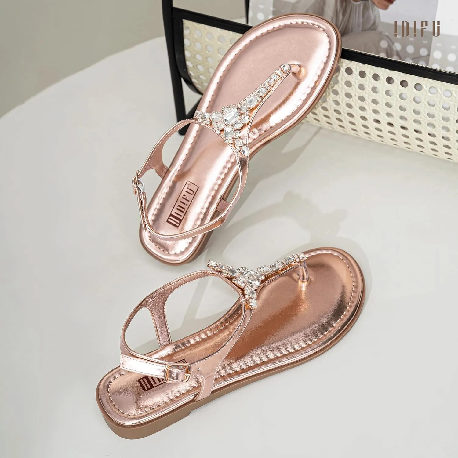 IDIFU Rhinestone Flat Sandals for Women Dressy Sparkly Thong Sandals Bling Summer Cute T Strap Dress Sandals for Wedding Bridal Bride Beach Trendy Comfortable Ladies Women's Sandals