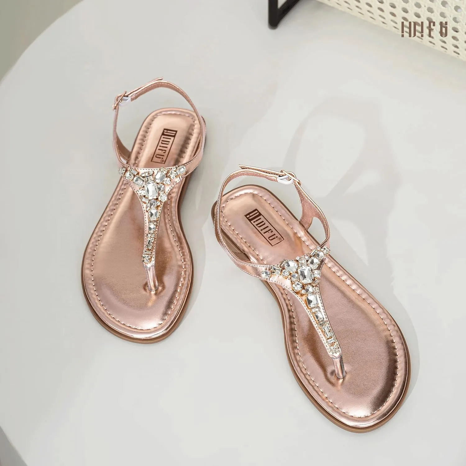 IDIFU Rhinestone Flat Sandals for Women Dressy Sparkly Thong Sandals Bling Summer Cute T Strap Dress Sandals for Wedding Bridal Bride Beach Trendy Comfortable Ladies Women's Sandals