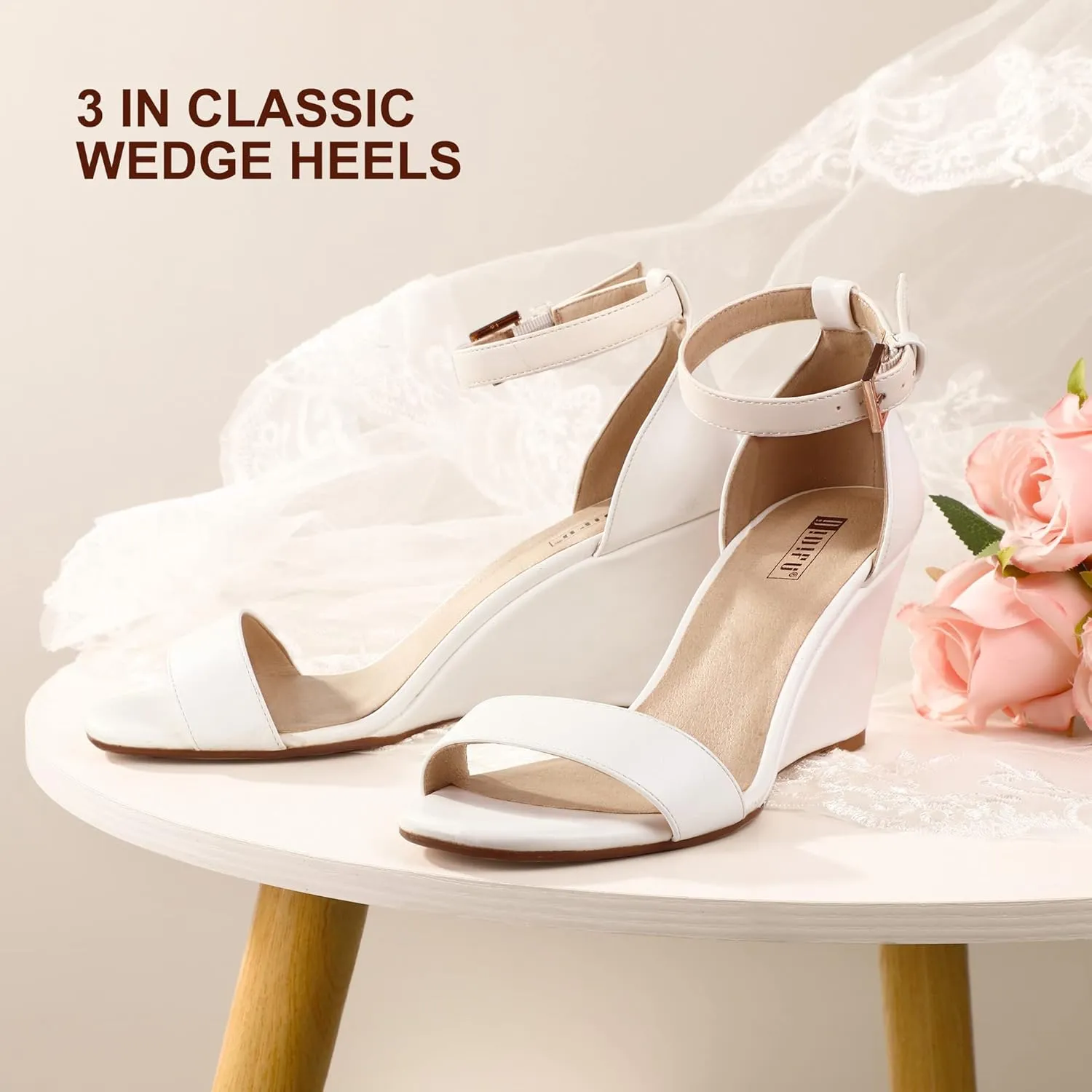 IDIFU Women's Classic Wedge Heels Sandals 3 Inch Ankle Strap Open Toe Evening Dress Wedding Shoes