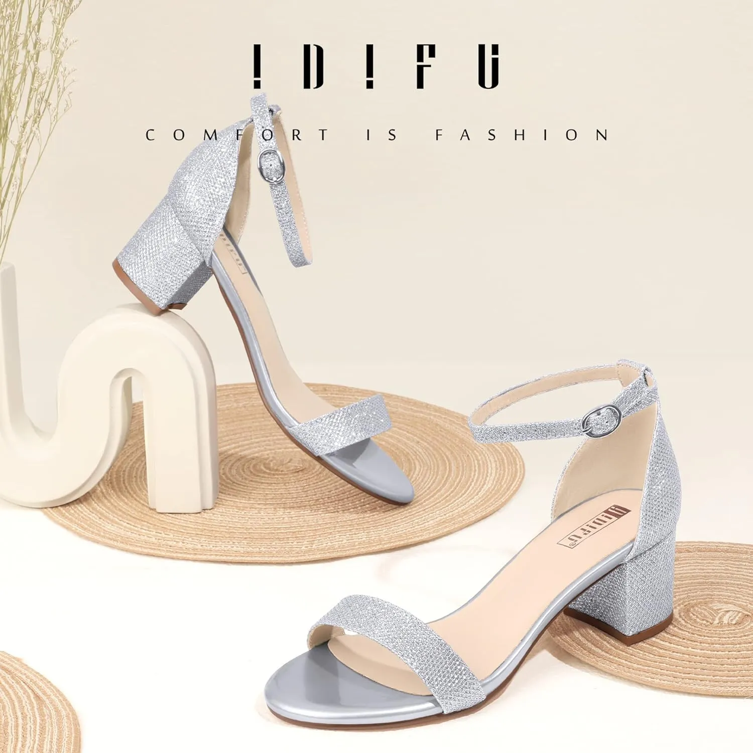 IDIFU Women's Cookie-LO Low Block Heels Chunky Sandals Ankle Strap Wedding Dress Pump Shoes