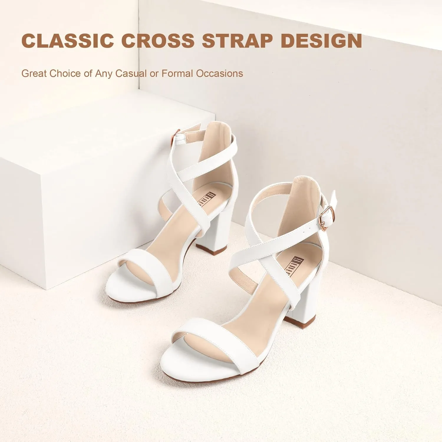 IDIFU Women's IN3 Grace Strappy Block Heels Sandals Comfy Open Toe Chunky Dress Wedding Shoes with Adjustable Cross Strap