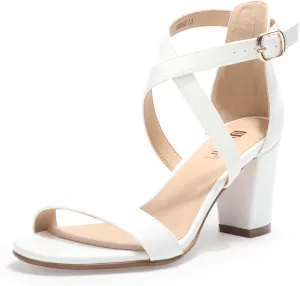 IDIFU Women's IN3 Grace Strappy Block Heels Sandals Comfy Open Toe Chunky Dress Wedding Shoes with Adjustable Cross Strap