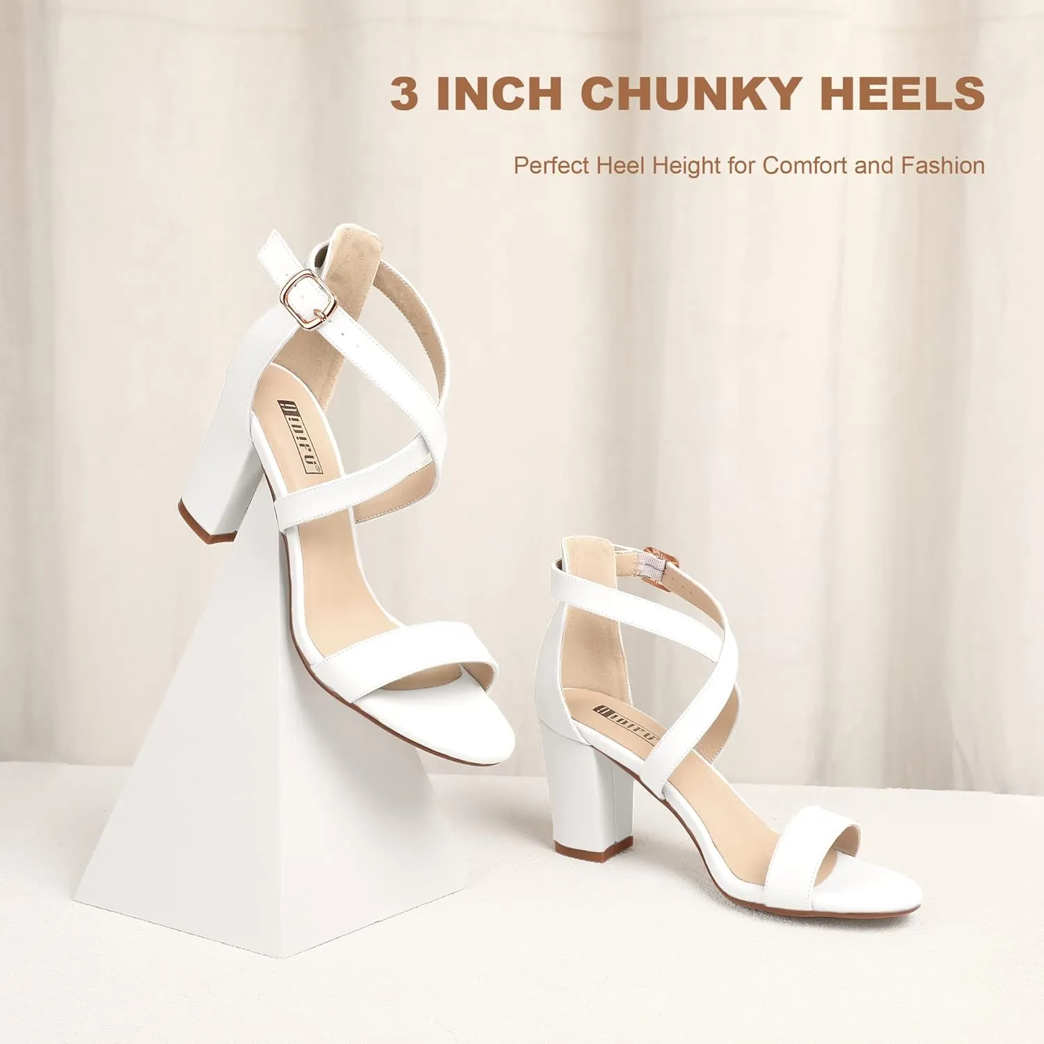 IDIFU Women's IN3 Grace Strappy Block Heels Sandals Comfy Open Toe Chunky Dress Wedding Shoes with Adjustable Cross Strap