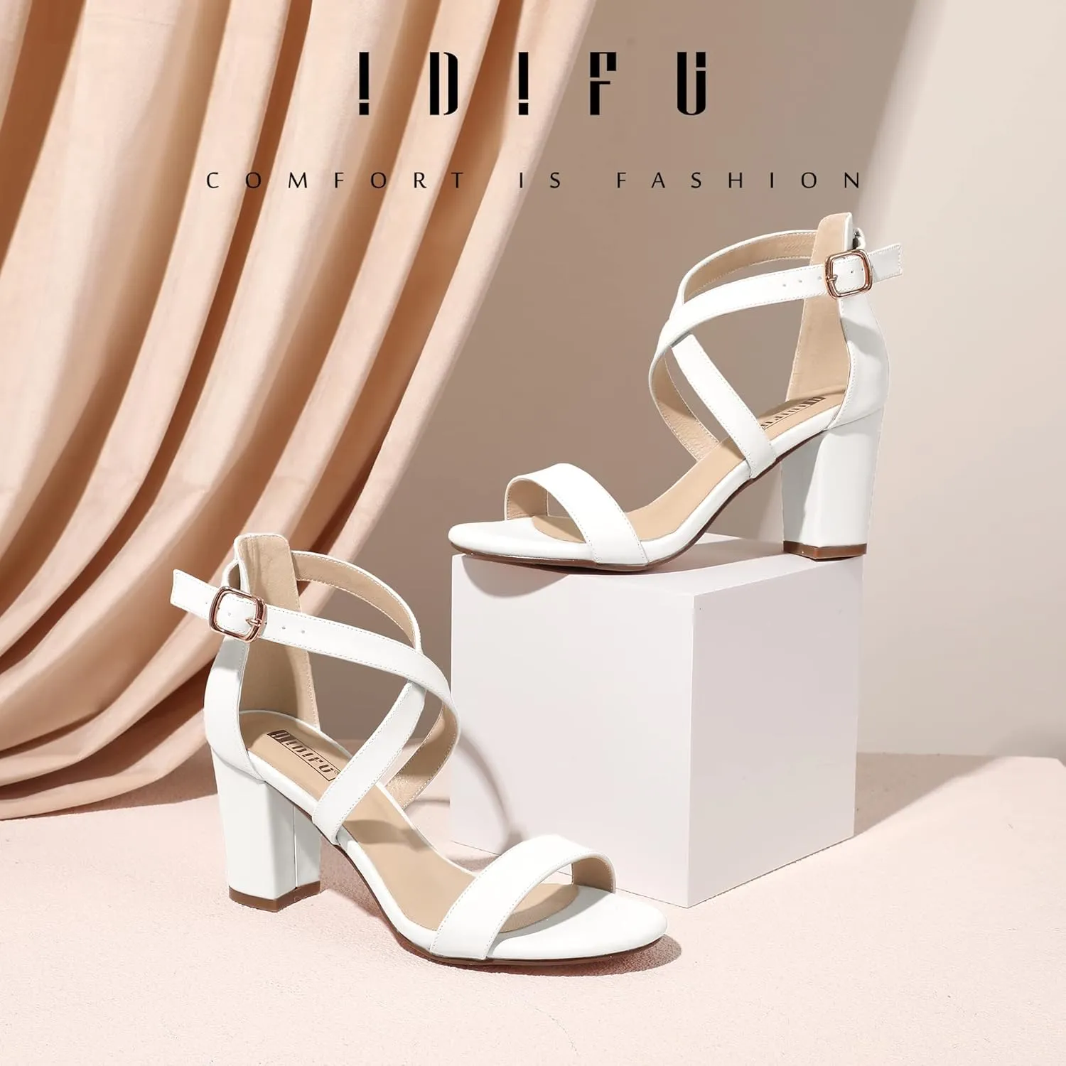 IDIFU Women's IN3 Grace Strappy Block Heels Sandals Comfy Open Toe Chunky Dress Wedding Shoes with Adjustable Cross Strap