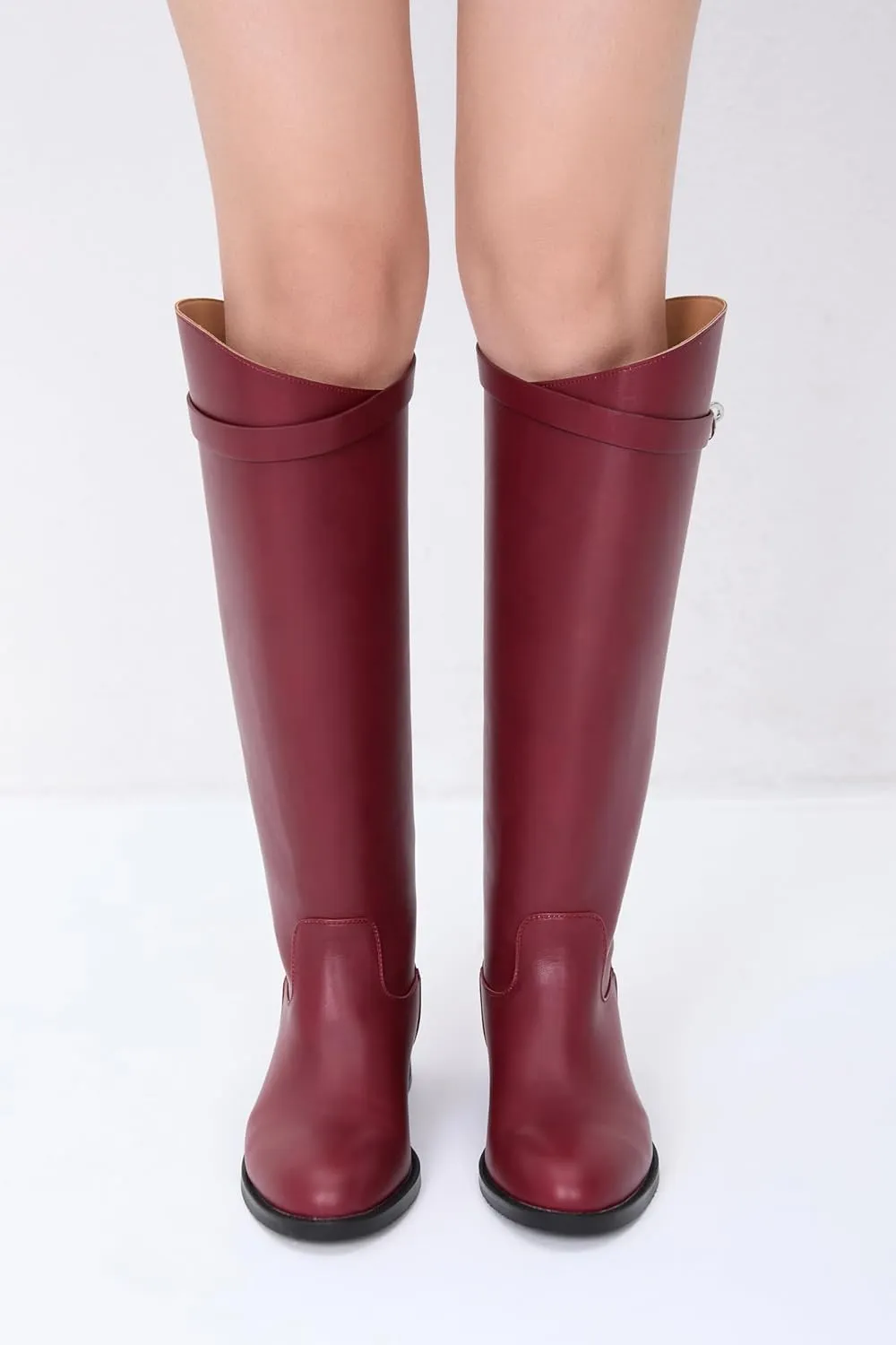 iiimmu Riding Boots for Women Silver Buckle Women's Knee High Boots Round Toe Faux Leather Motorcycle Style