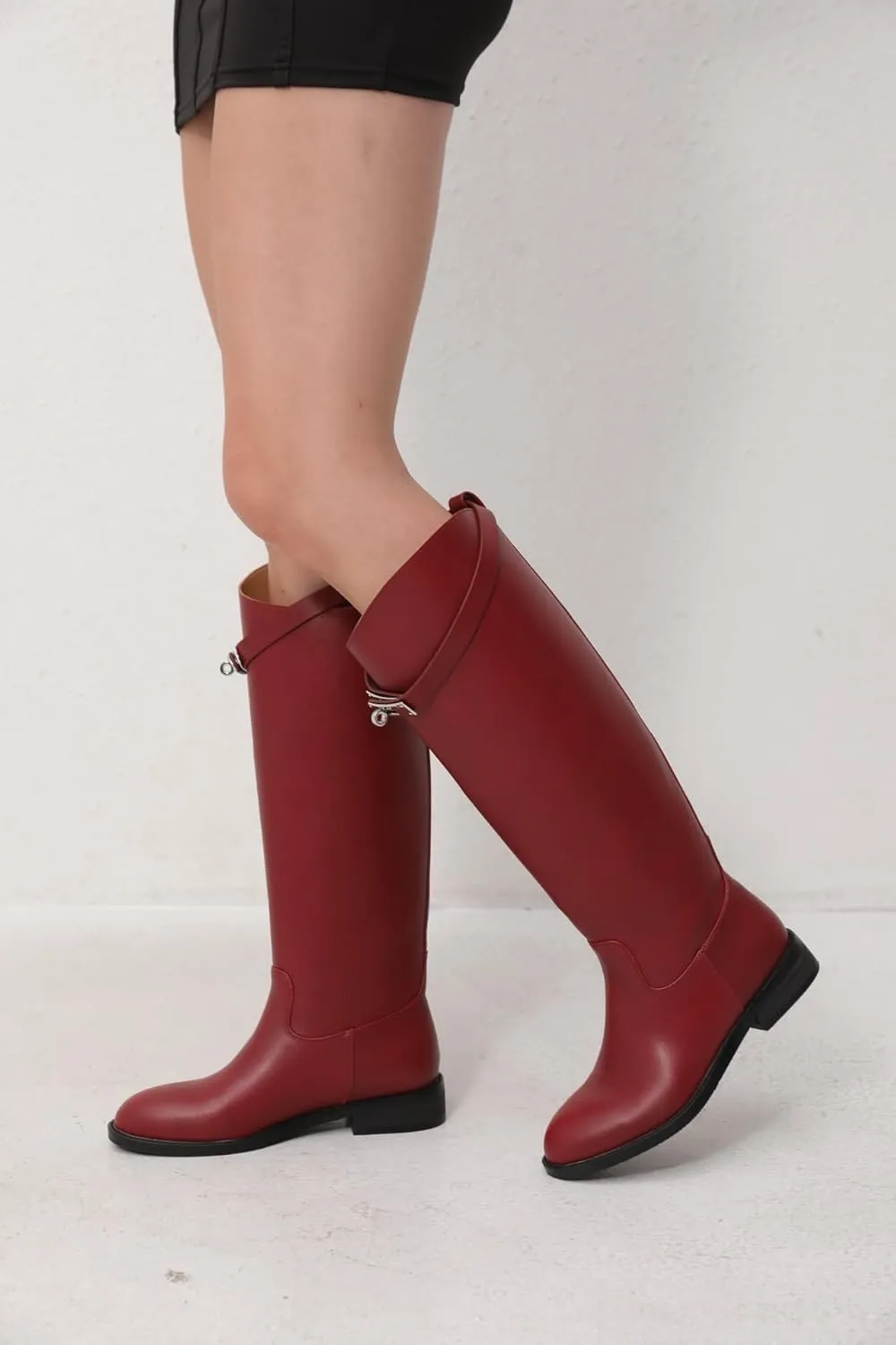 iiimmu Riding Boots for Women Silver Buckle Women's Knee High Boots Round Toe Faux Leather Motorcycle Style